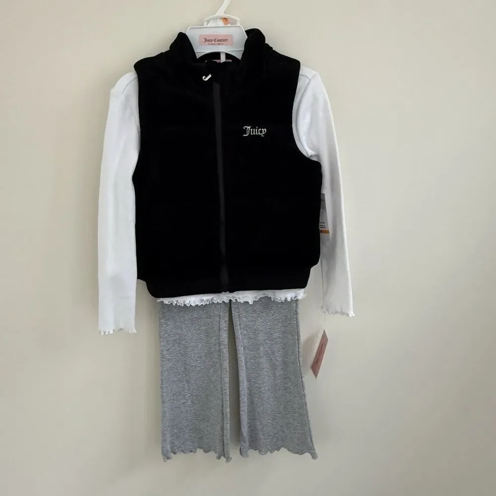 Juicy Couture 3 Piece Long Sleeve Shirt Vest & Pants Set Bling Logo NWT Girls 6X